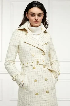Holland Cooper Trench Coats|Coats-Full Length Marlborough Trench Coat Ivory Sparkle Tweed