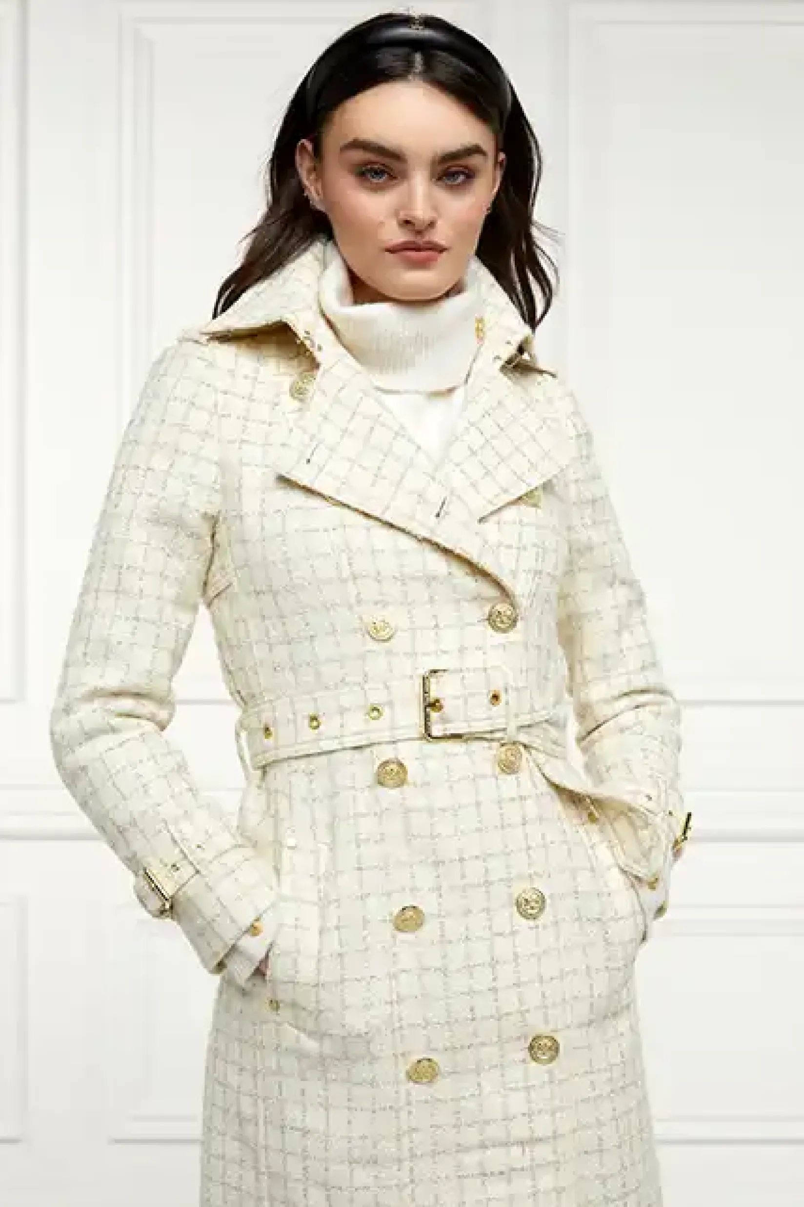 Holland Cooper Trench Coats|Coats-Full Length Marlborough Trench Coat Ivory Sparkle Tweed