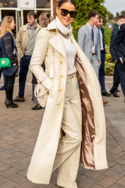 Holland Cooper Trench Coats|Coats-Full Length Marlborough Trench Coat Ivory Sparkle Tweed