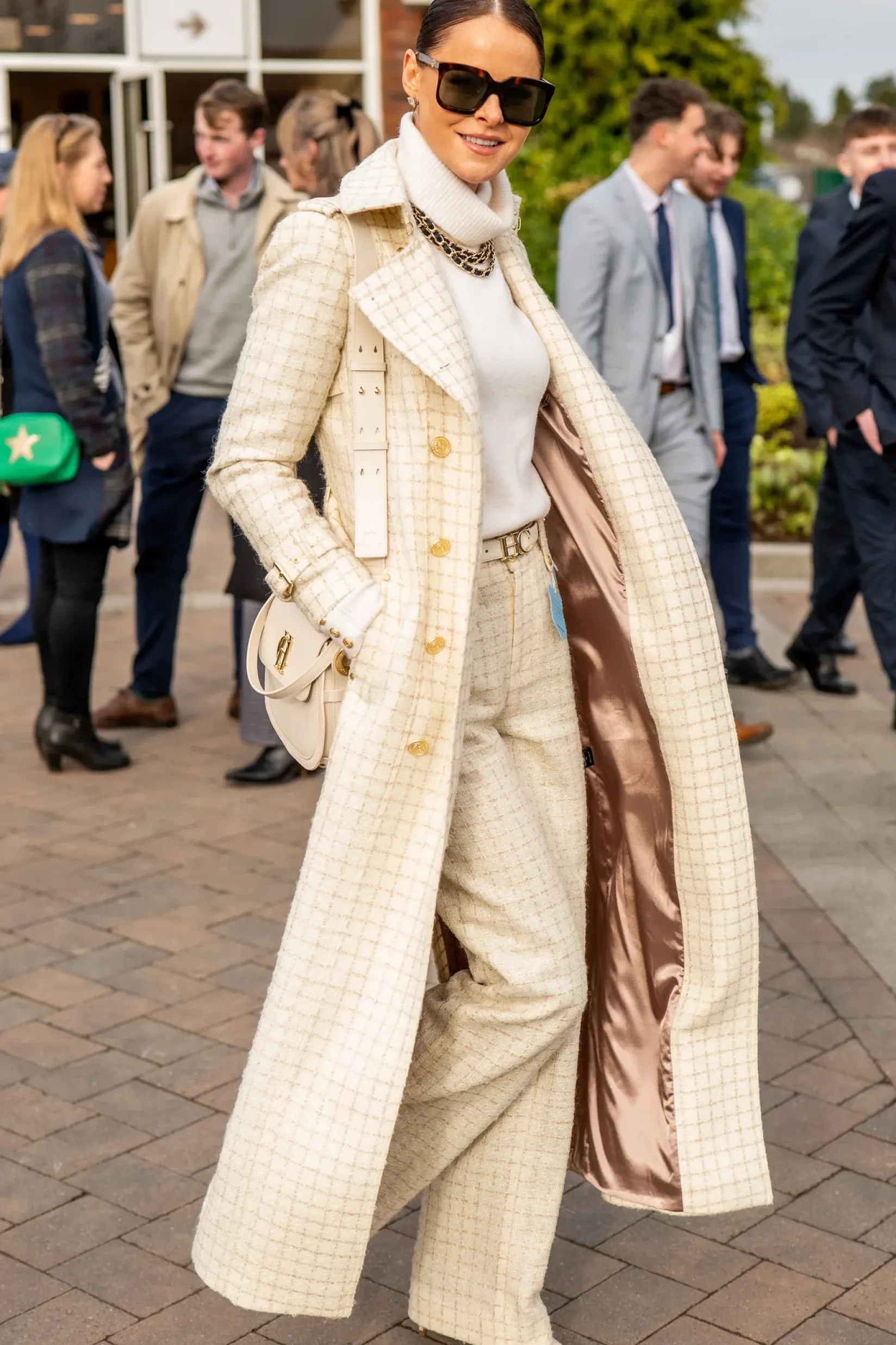 Holland Cooper Trench Coats|Coats-Full Length Marlborough Trench Coat Ivory Sparkle Tweed
