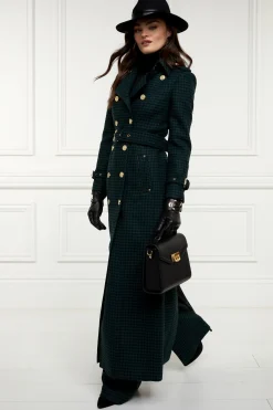 Holland Cooper Trench Coats|Coats-Full Length Marlborough Trench Coat Emerald Houndstooth