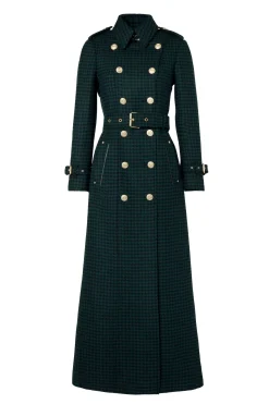 Holland Cooper Trench Coats|Coats-Full Length Marlborough Trench Coat Emerald Houndstooth