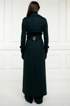 Holland Cooper Trench Coats|Coats-Full Length Marlborough Trench Coat Emerald Houndstooth