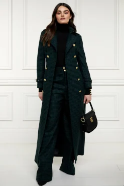 Holland Cooper Trench Coats|Coats-Full Length Marlborough Trench Coat Emerald Houndstooth