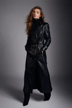 Holland Cooper Trench Coats|Coats-Full Length Marlborough Trench Coat Valencia Leather Black