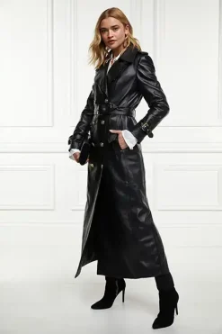 Holland Cooper Trench Coats|Coats-Full Length Marlborough Trench Coat Valencia Leather Black