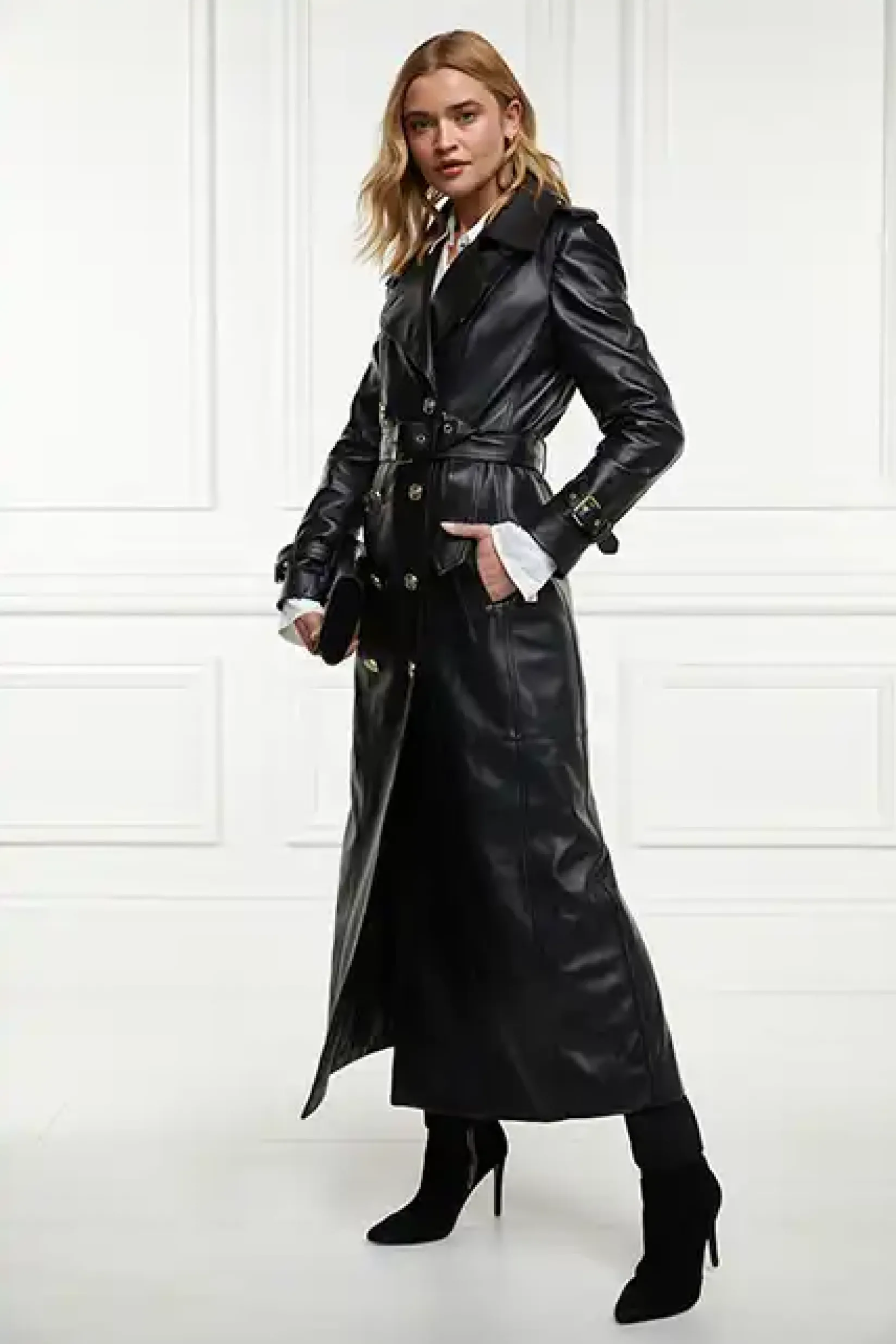 Holland Cooper Trench Coats|Coats-Full Length Marlborough Trench Coat Valencia Leather Black