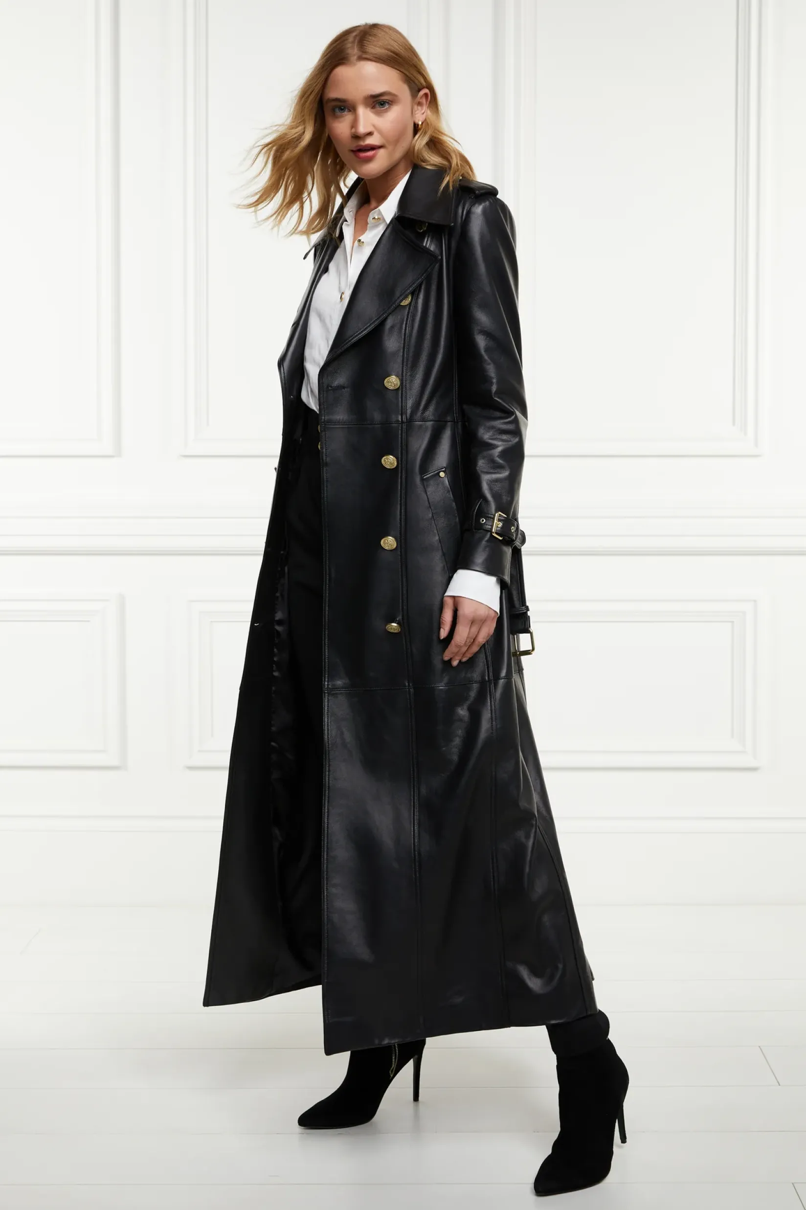 Holland Cooper Trench Coats|Coats-Full Length Marlborough Trench Coat Valencia Leather Black