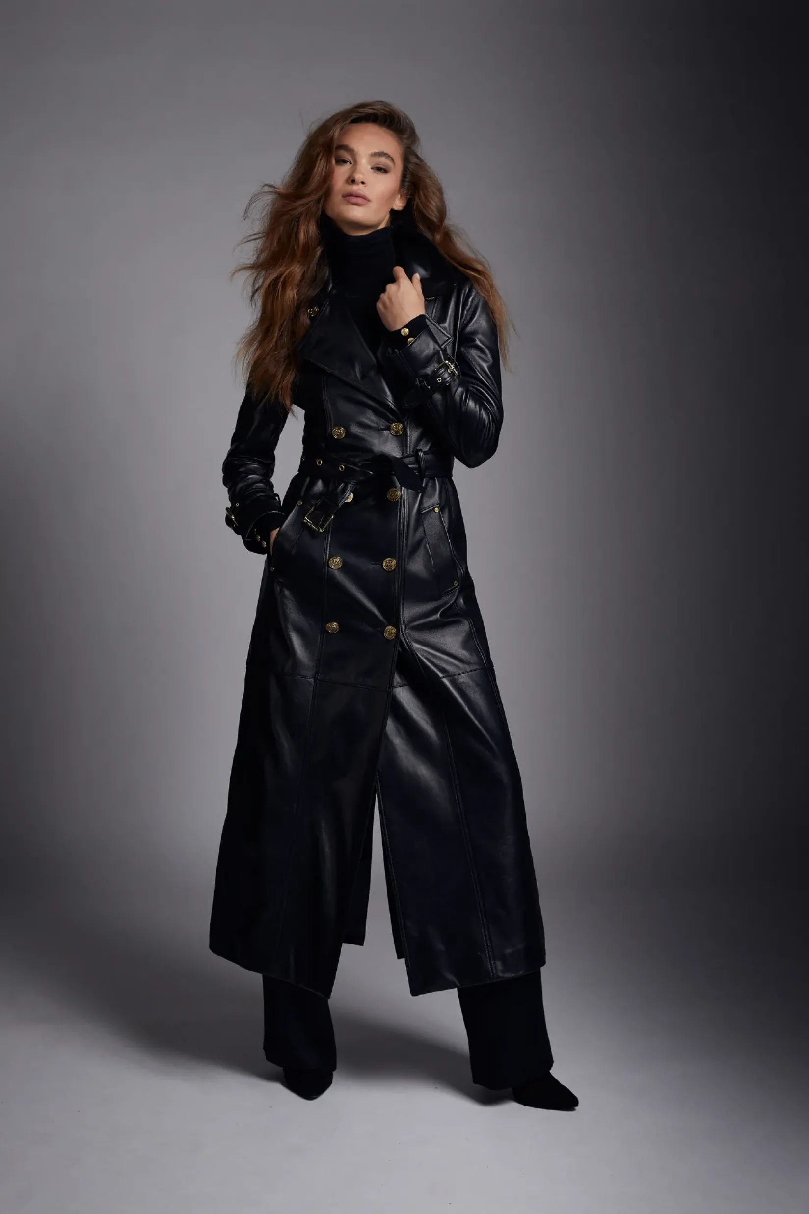 Holland Cooper Trench Coats|Coats-Full Length Marlborough Trench Coat Valencia Leather Black