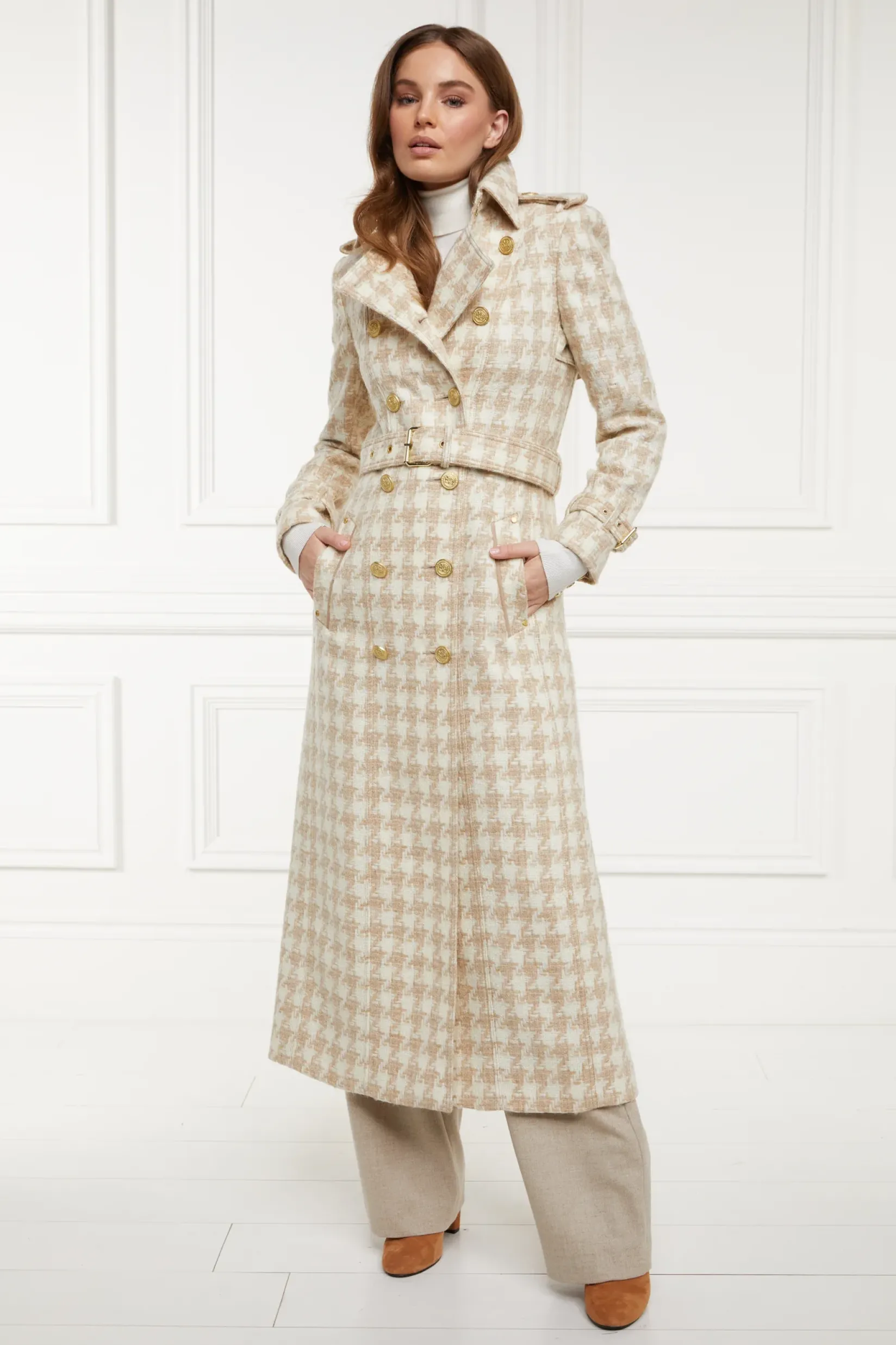 Holland Cooper Trench Coats|Coats-Full Length Marlborough Trench Coat Camel Houndstooth