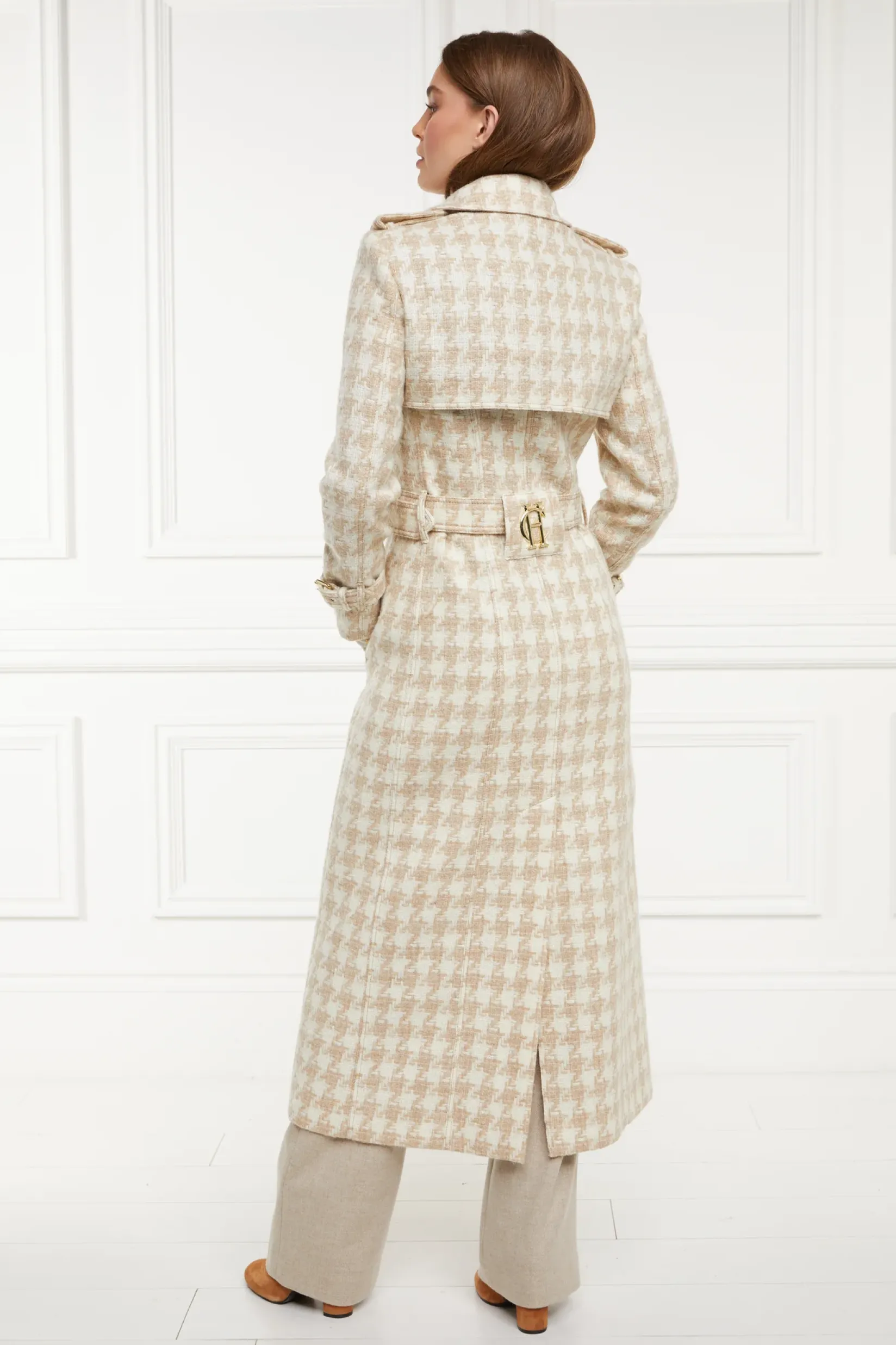 Holland Cooper Trench Coats|Coats-Full Length Marlborough Trench Coat Camel Houndstooth