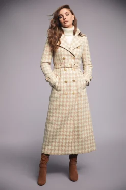 Holland Cooper Trench Coats|Coats-Full Length Marlborough Trench Coat Camel Houndstooth