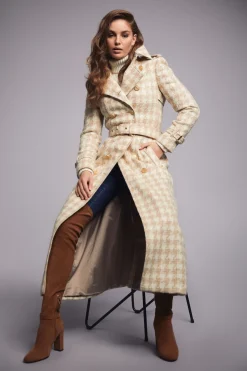 Holland Cooper Trench Coats|Coats-Full Length Marlborough Trench Coat Camel Houndstooth