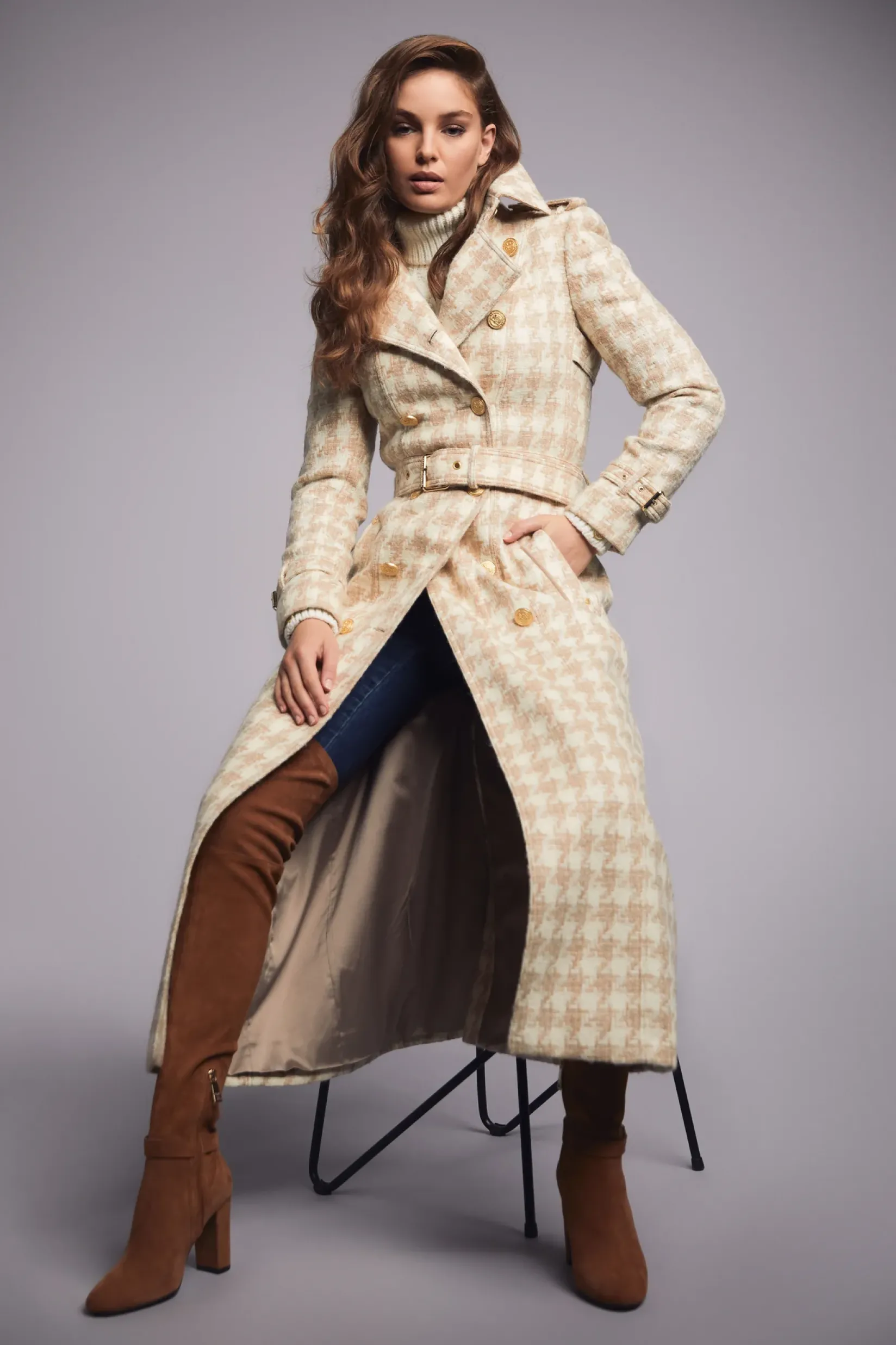 Holland Cooper Trench Coats|Coats-Full Length Marlborough Trench Coat Camel Houndstooth