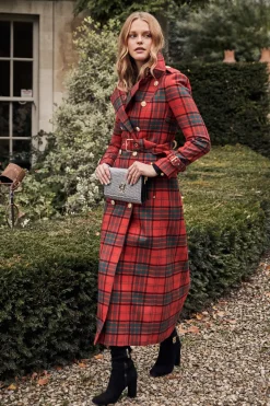 Holland Cooper Trench Coats|Coats-Full Length Marlborough Trench Coat Red Tartan