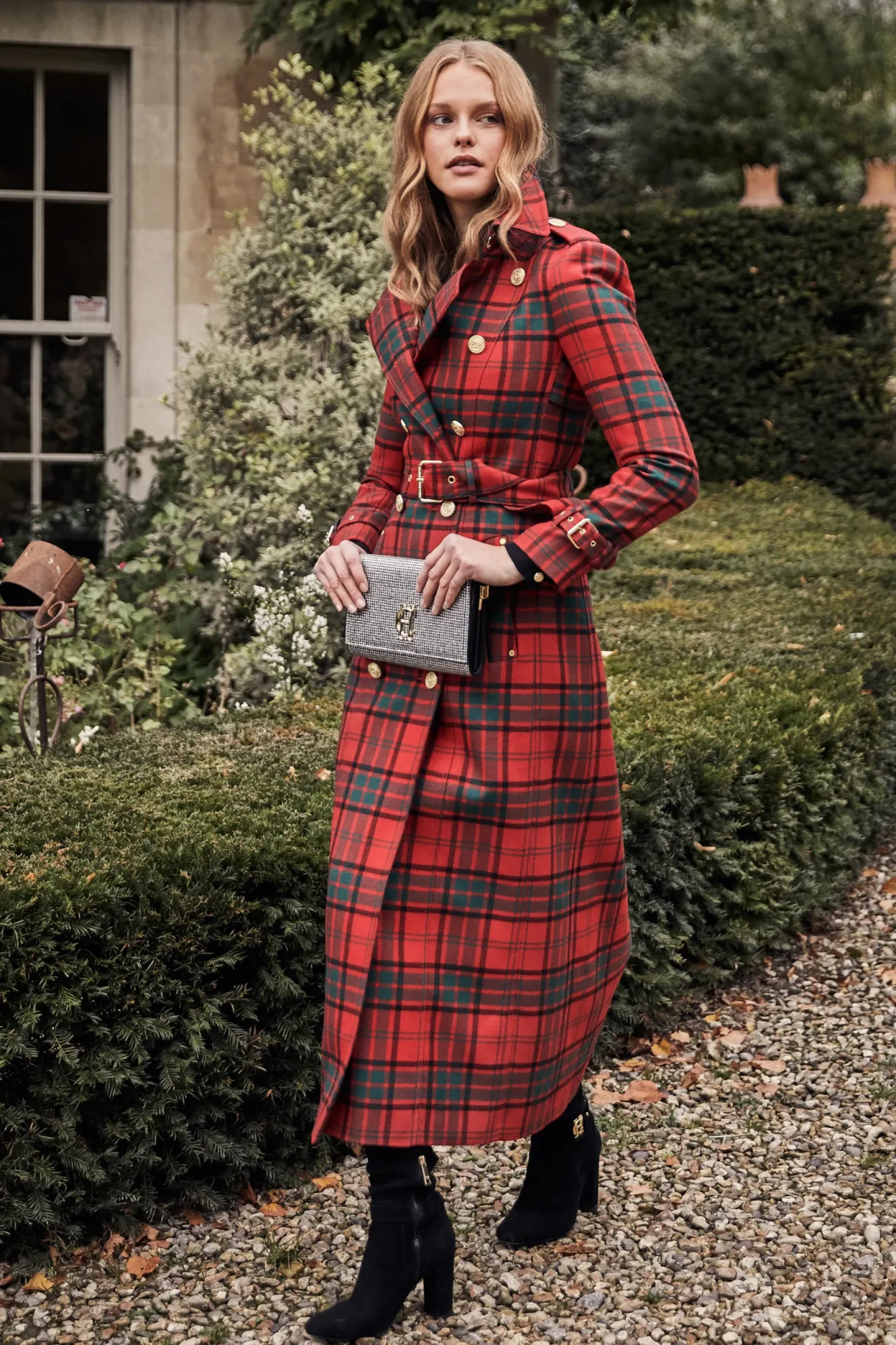 Holland Cooper Trench Coats|Coats-Full Length Marlborough Trench Coat Red Tartan