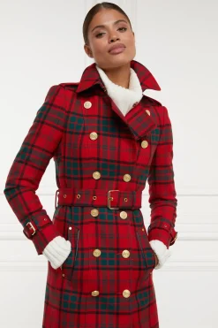 Holland Cooper Trench Coats|Coats-Full Length Marlborough Trench Coat Red Tartan