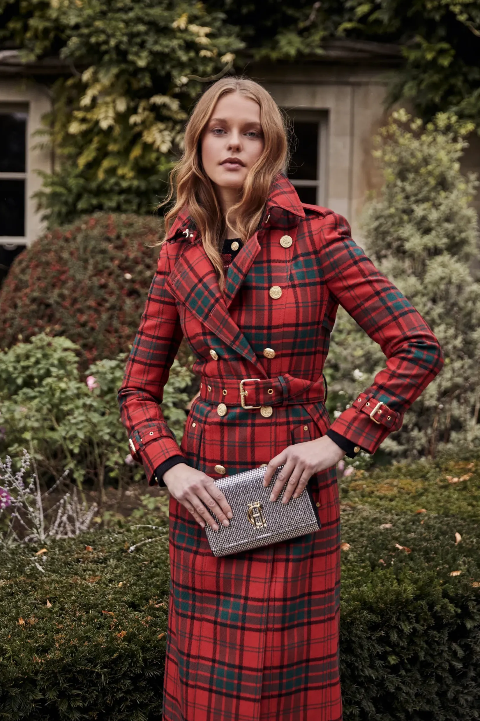 Holland Cooper Trench Coats|Coats-Full Length Marlborough Trench Coat Red Tartan