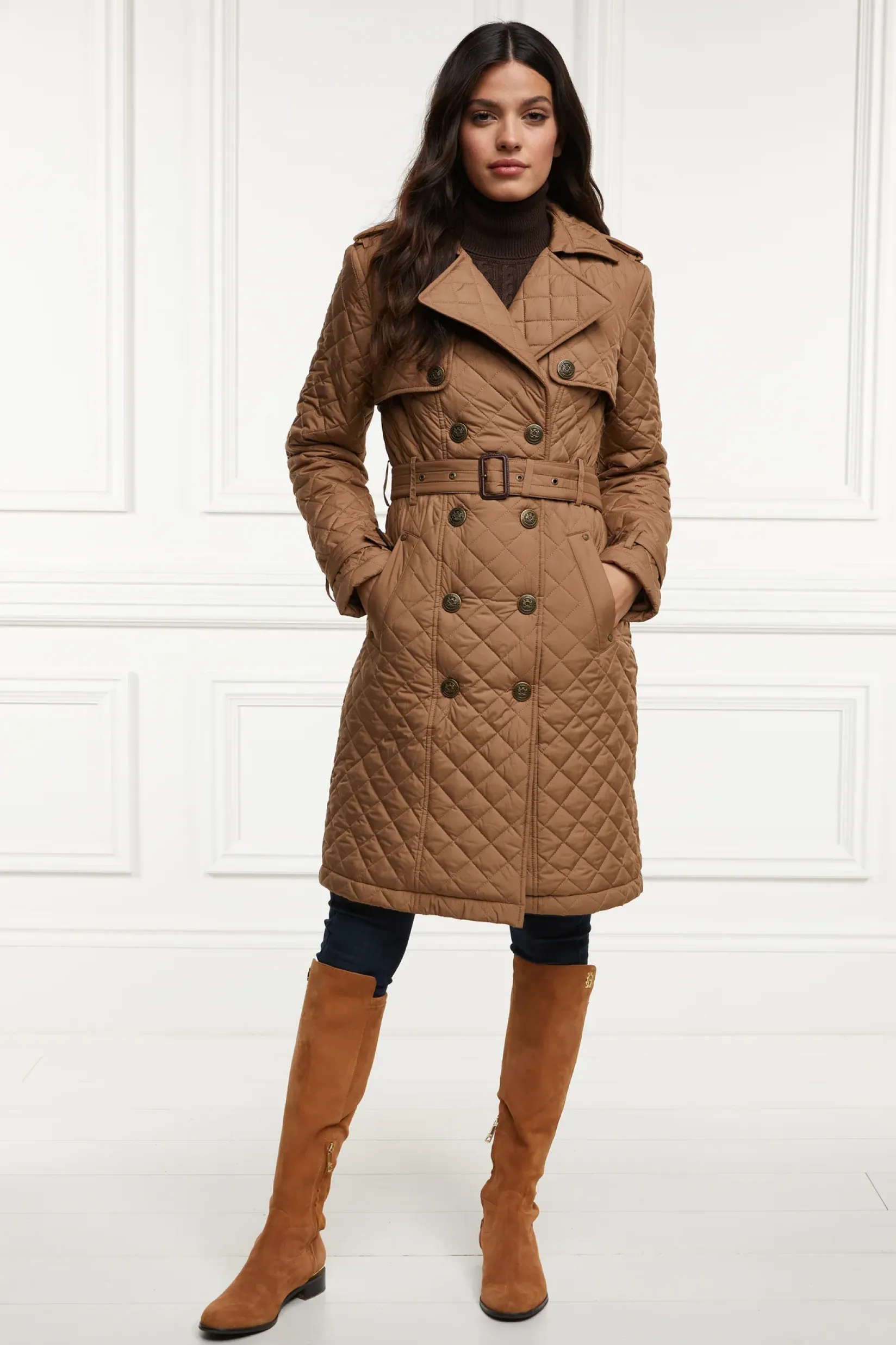 Holland Cooper Trench Coats|Coats-Grayson Quilted Trench Coat Coffee
