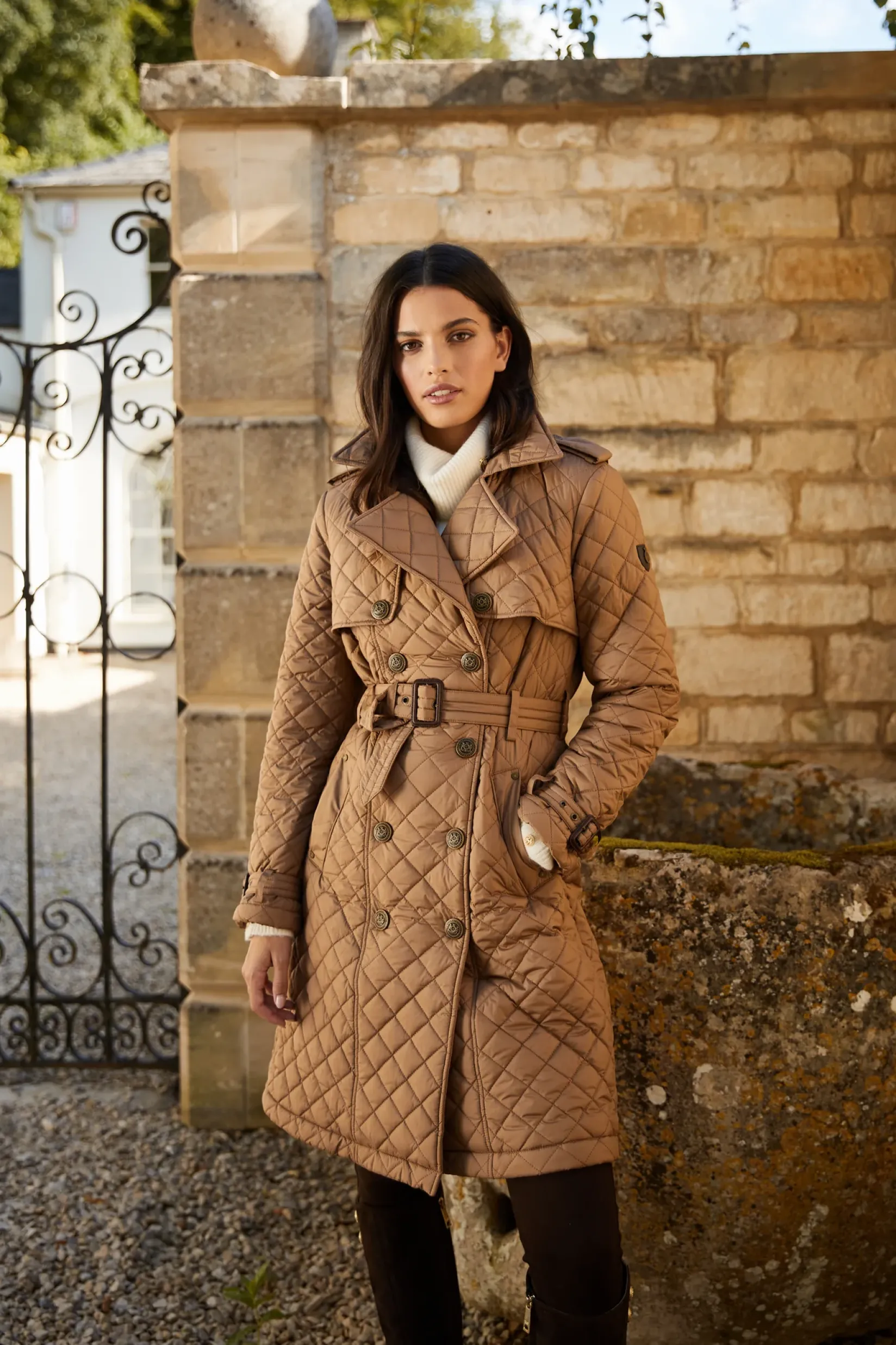 Holland Cooper Trench Coats|Coats-Grayson Quilted Trench Coat Coffee