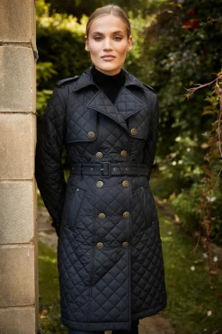 Holland Cooper Trench Coats|Coats-Grayson Quilted Trench Coat Black
