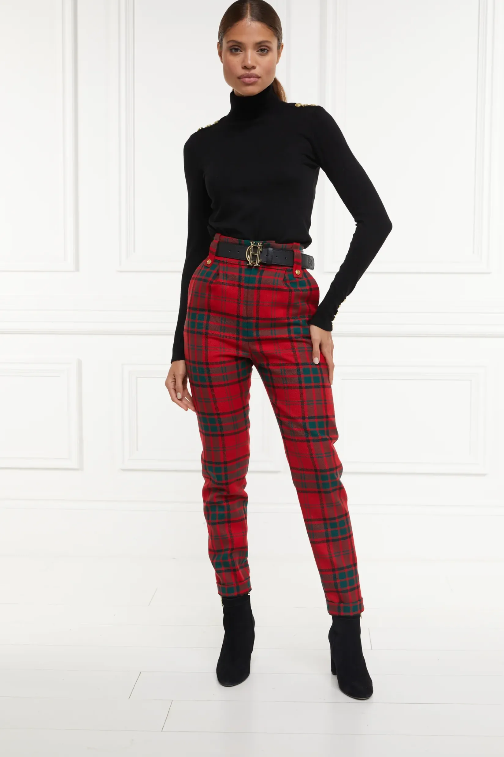 Holland Cooper Trousers-High Waisted Peg Trouser Red Tartan