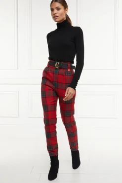 Holland Cooper Trousers-High Waisted Peg Trouser Red Tartan