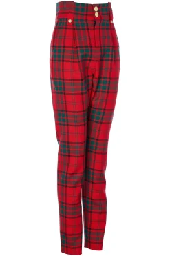 Holland Cooper Trousers-High Waisted Peg Trouser Red Tartan
