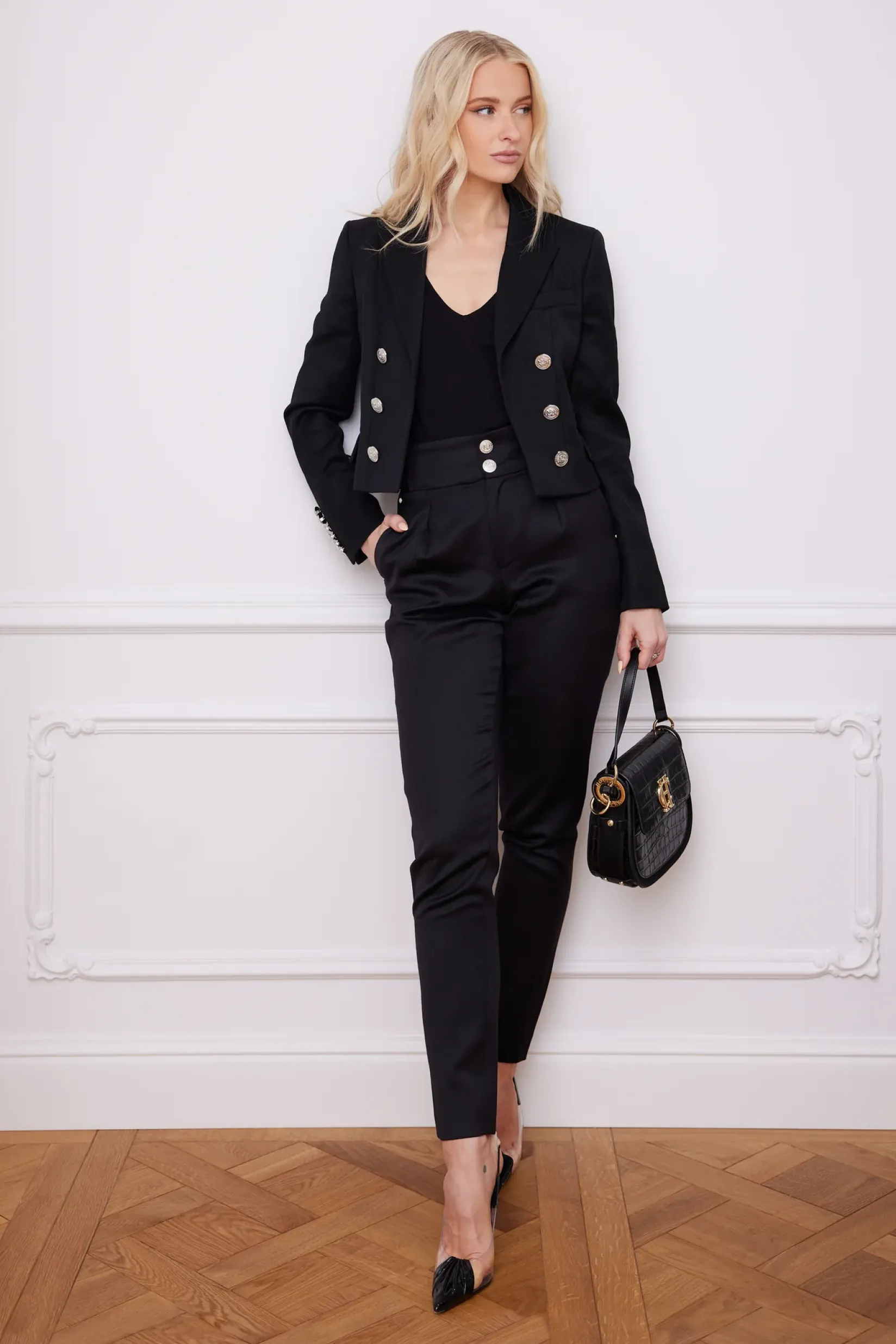 Holland Cooper Trousers-High Waisted Peg Trouser Black Barathea Silver