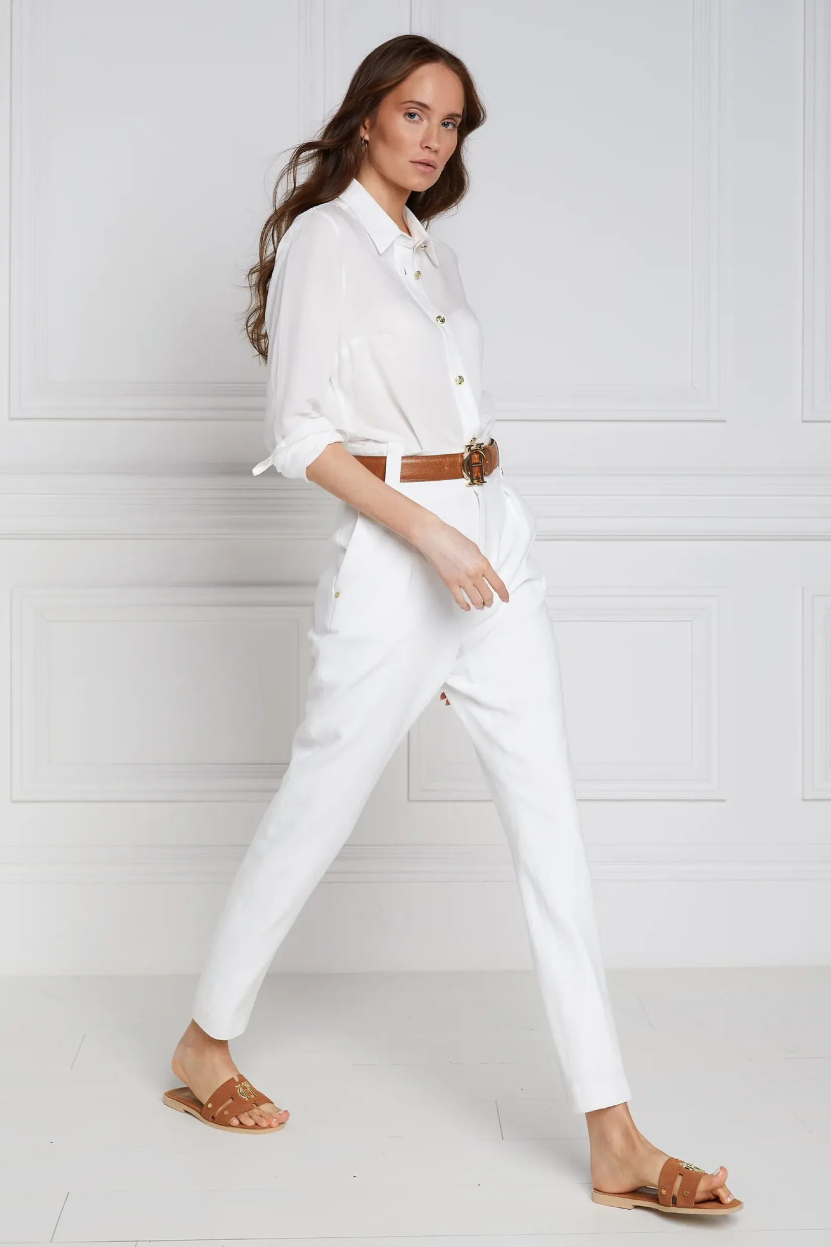 Holland Cooper Trousers-High Waisted Peg Trouser Oyster Linen