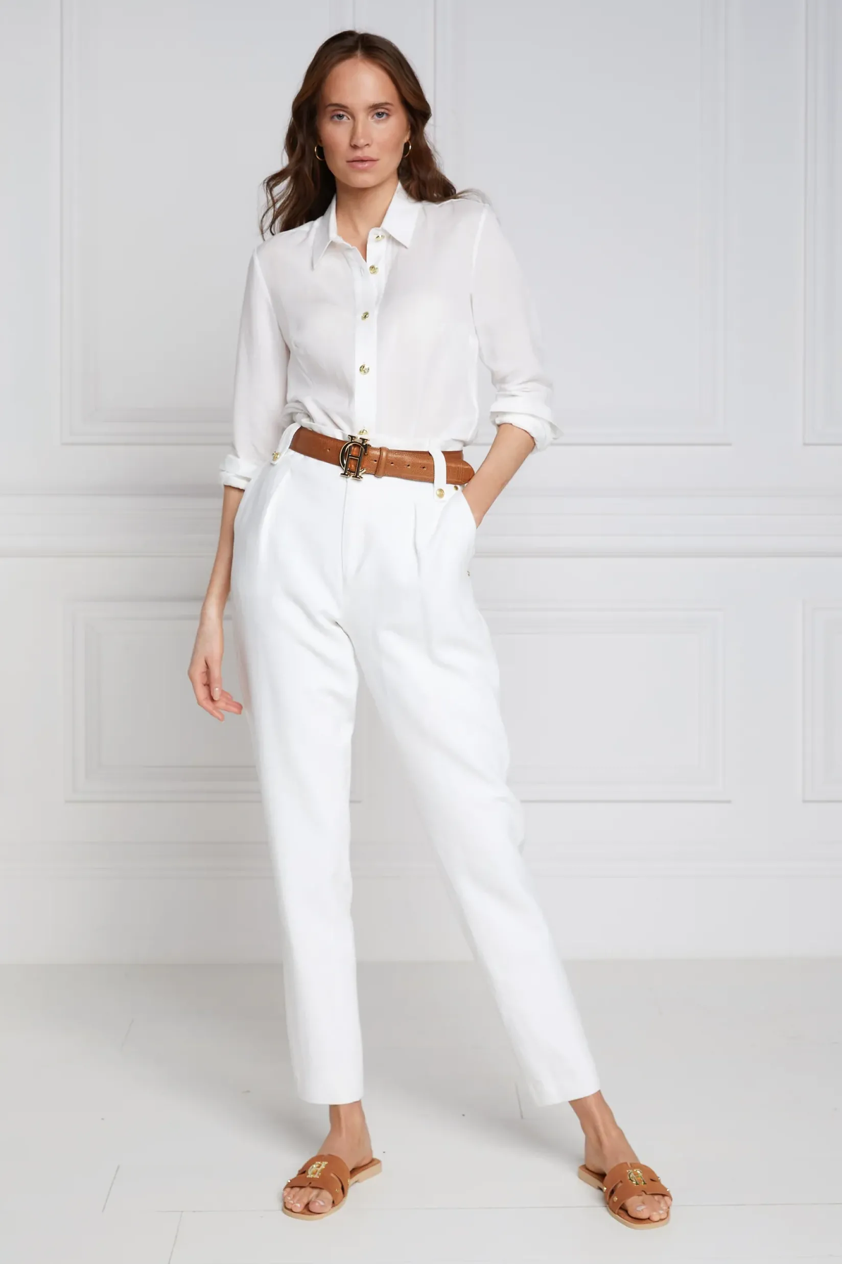 Holland Cooper Trousers-High Waisted Peg Trouser Oyster Linen