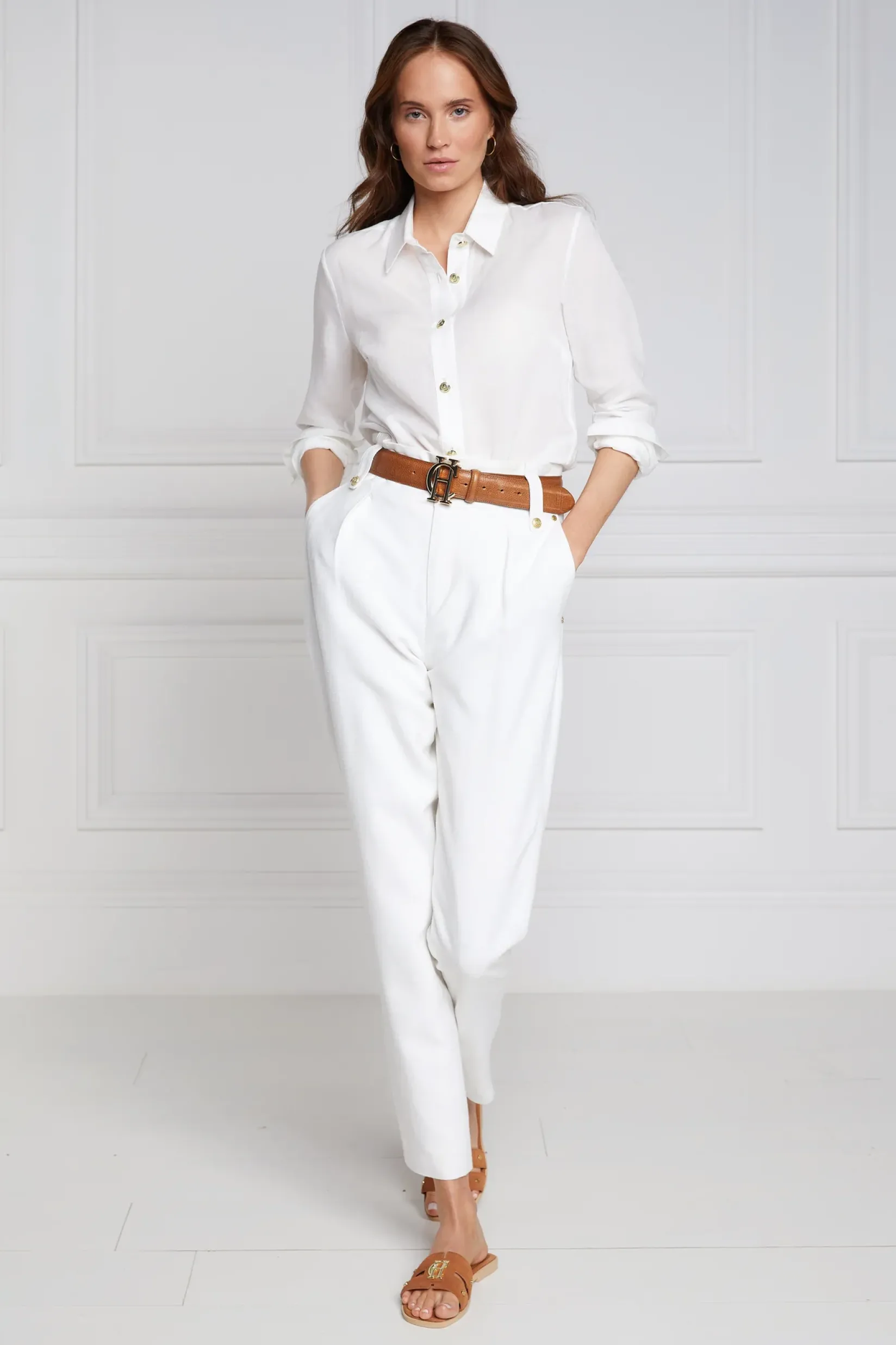 Holland Cooper Trousers-High Waisted Peg Trouser Oyster Linen