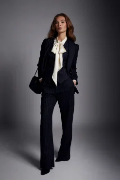 Holland Cooper Gifts For Her|Trousers-High Waisted Straight Trouser Navy Chalk Pin Stripe