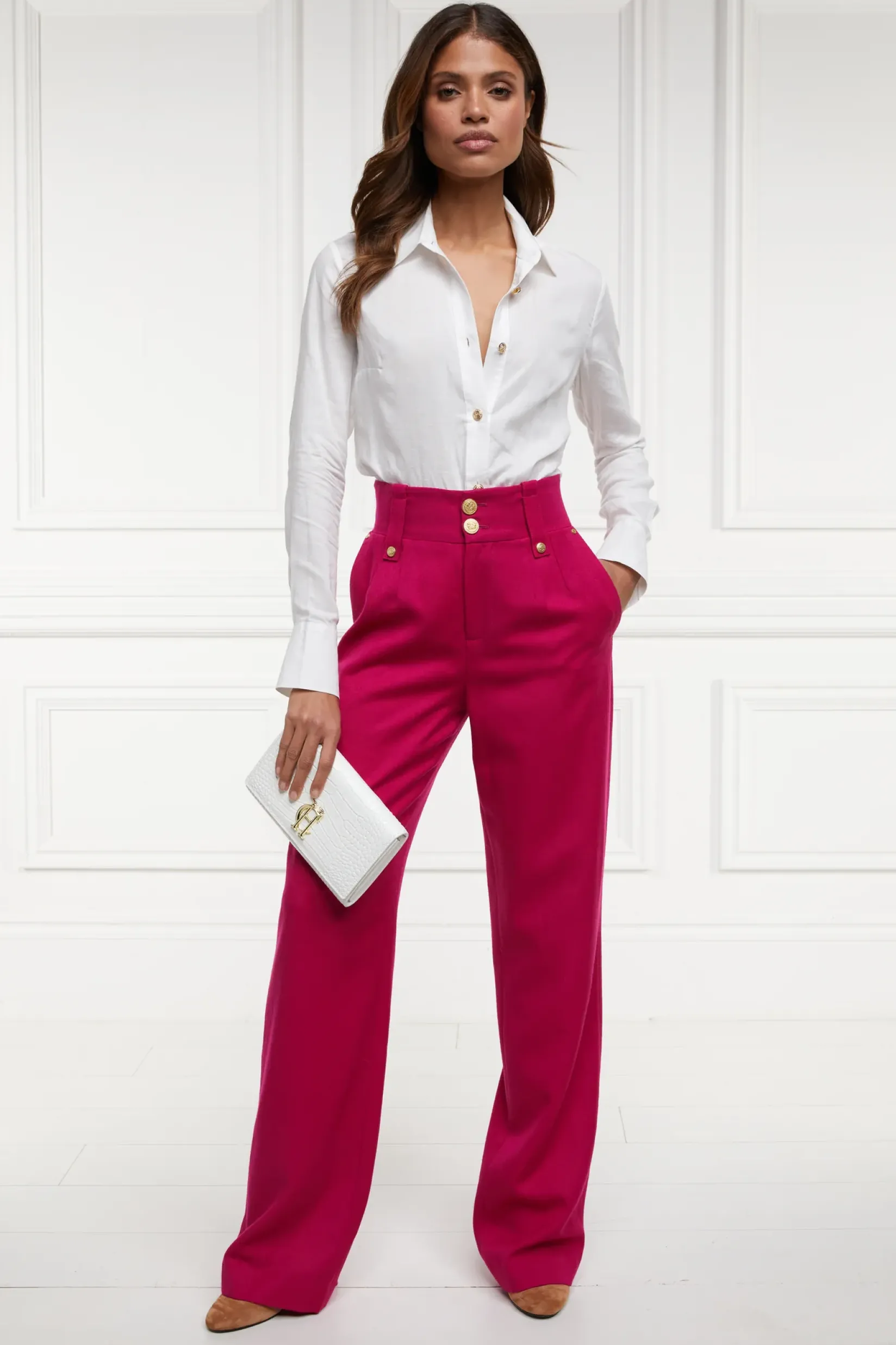 Holland Cooper Gifts For Her|Trousers-High Waisted Straight Trouser Hot Pink Barathea