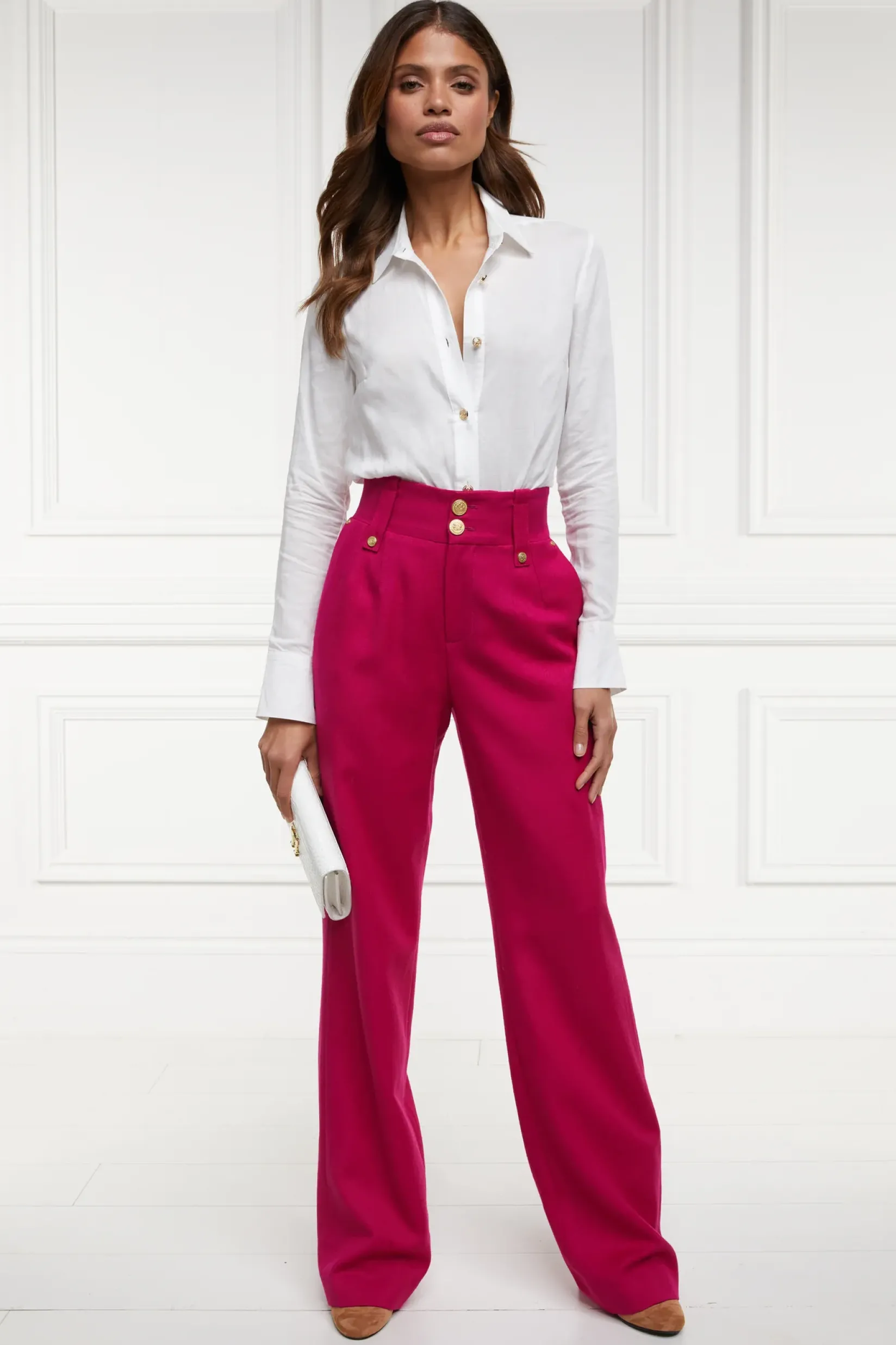 Holland Cooper Gifts For Her|Trousers-High Waisted Straight Trouser Hot Pink Barathea