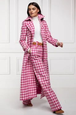 Holland Cooper Gifts For Her|Trousers-High Waisted Straight Trouser Hot Pink Large Scale Houndstooth