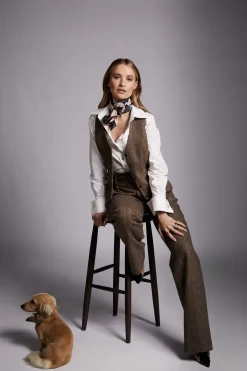 Holland Cooper Trousers-High Waisted Straight Trouser Large Scale Brown Herringbone