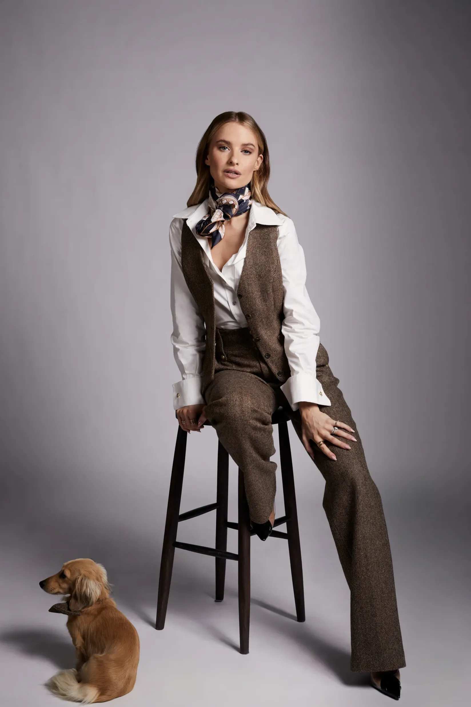 Holland Cooper Trousers-High Waisted Straight Trouser Large Scale Brown Herringbone