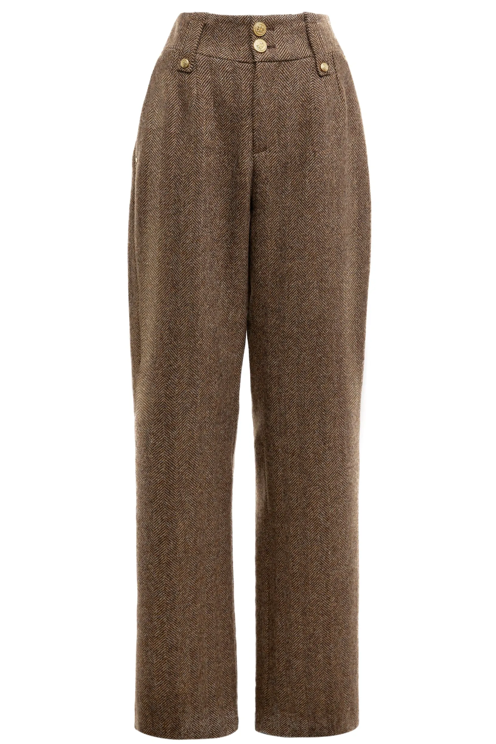 Holland Cooper Trousers-High Waisted Straight Trouser Large Scale Brown Herringbone