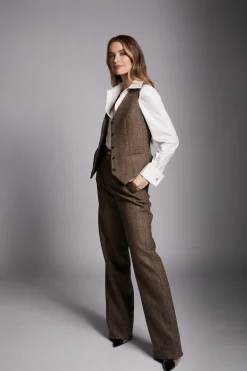 Holland Cooper Trousers-High Waisted Straight Trouser Large Scale Brown Herringbone