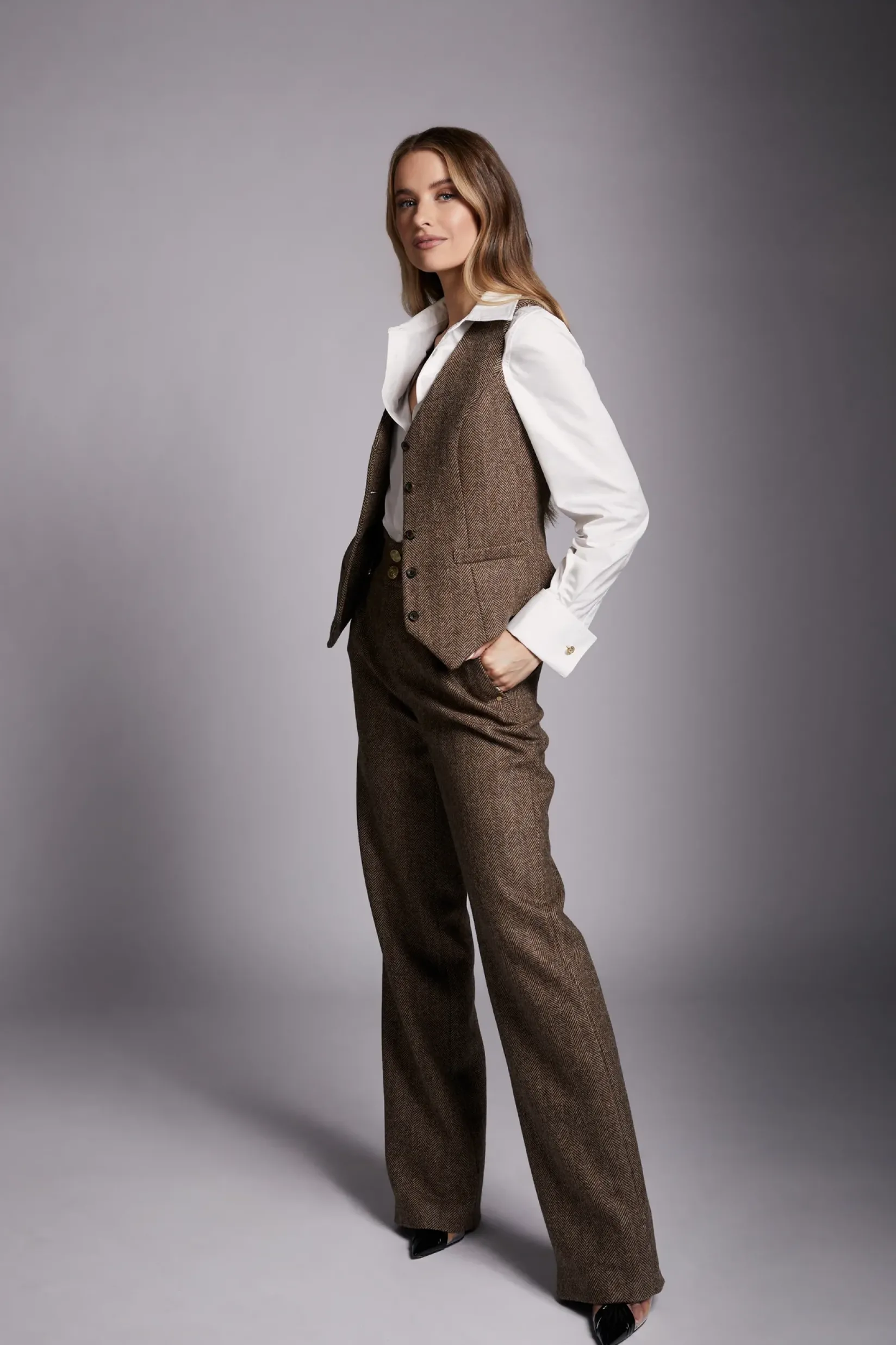 Holland Cooper Trousers-High Waisted Straight Trouser Large Scale Brown Herringbone