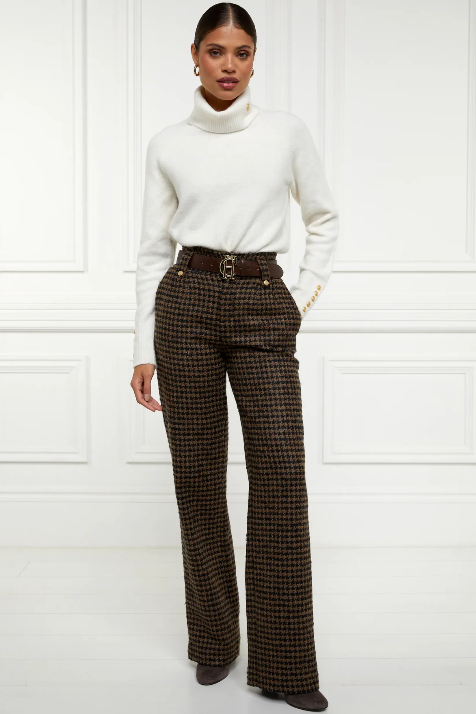 Holland Cooper Trousers|Shop By Product-High Waisted Straight Trouser Chocolate Houndstooth