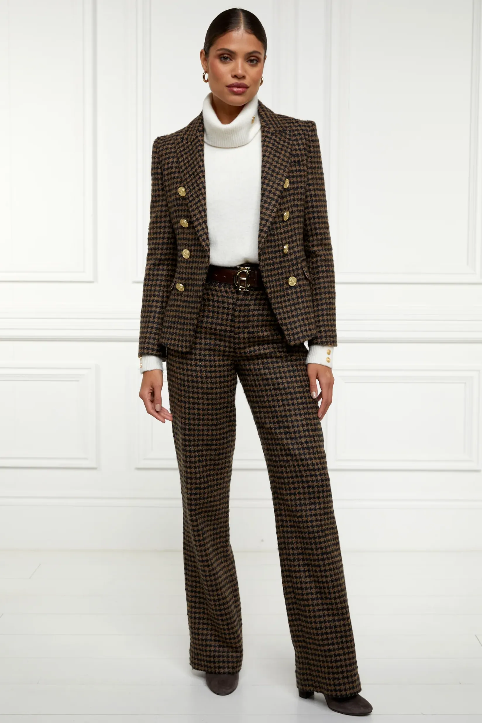 Holland Cooper Trousers|Shop By Product-High Waisted Straight Trouser Chocolate Houndstooth