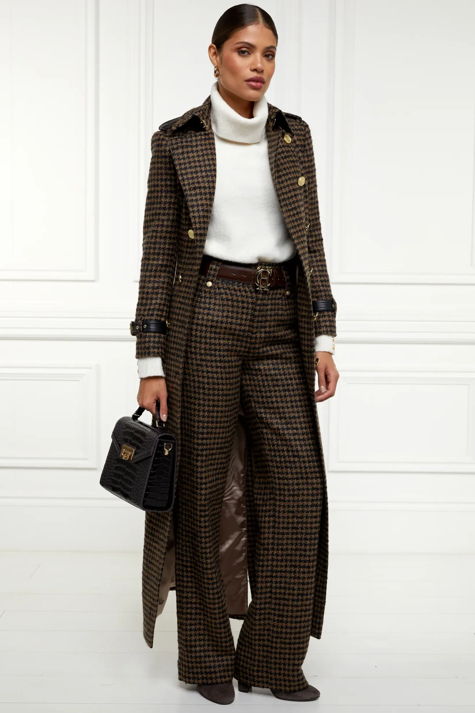 Holland Cooper Trousers|Shop By Product-High Waisted Straight Trouser Chocolate Houndstooth