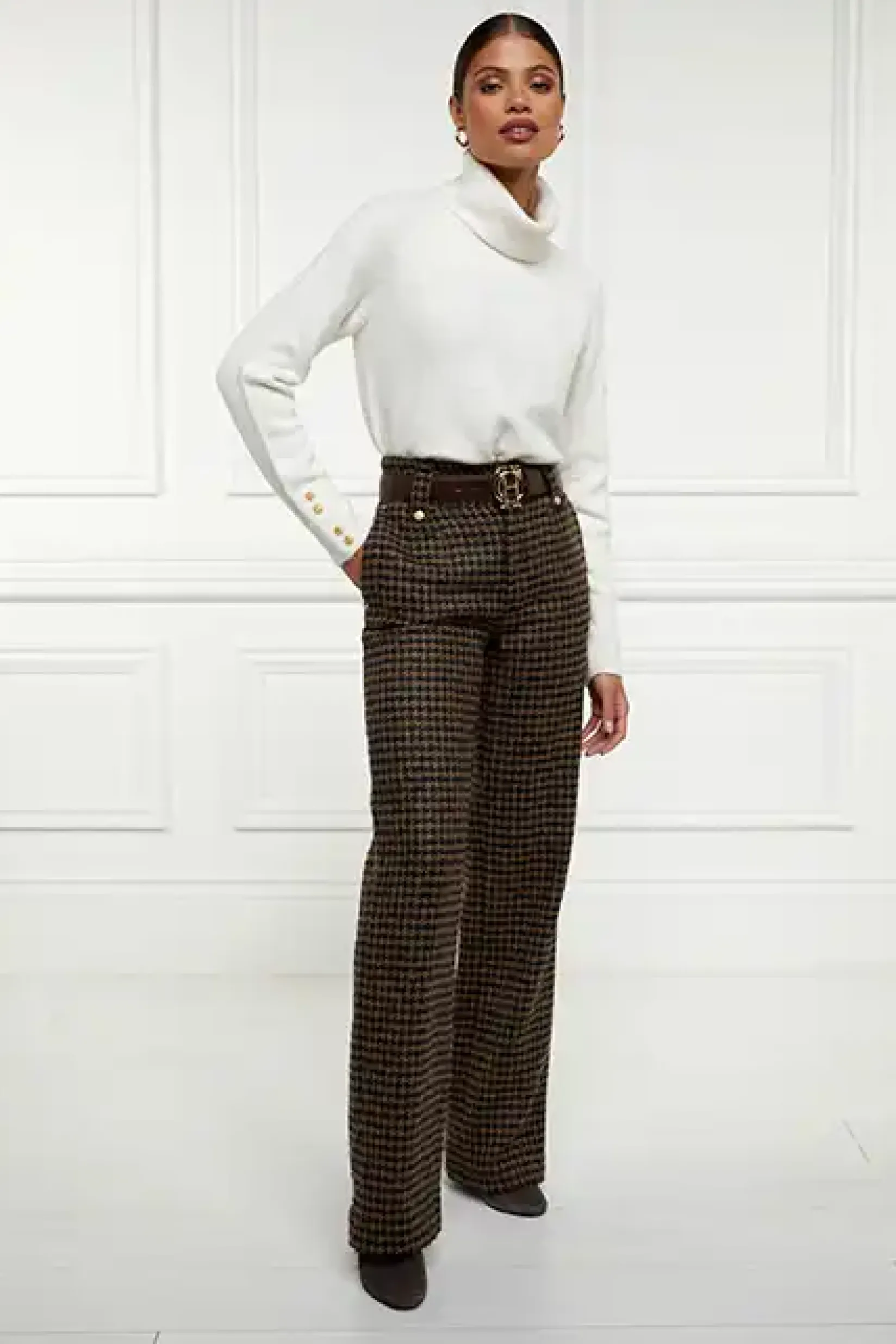 Holland Cooper Trousers|Shop By Product-High Waisted Straight Trouser Chocolate Houndstooth