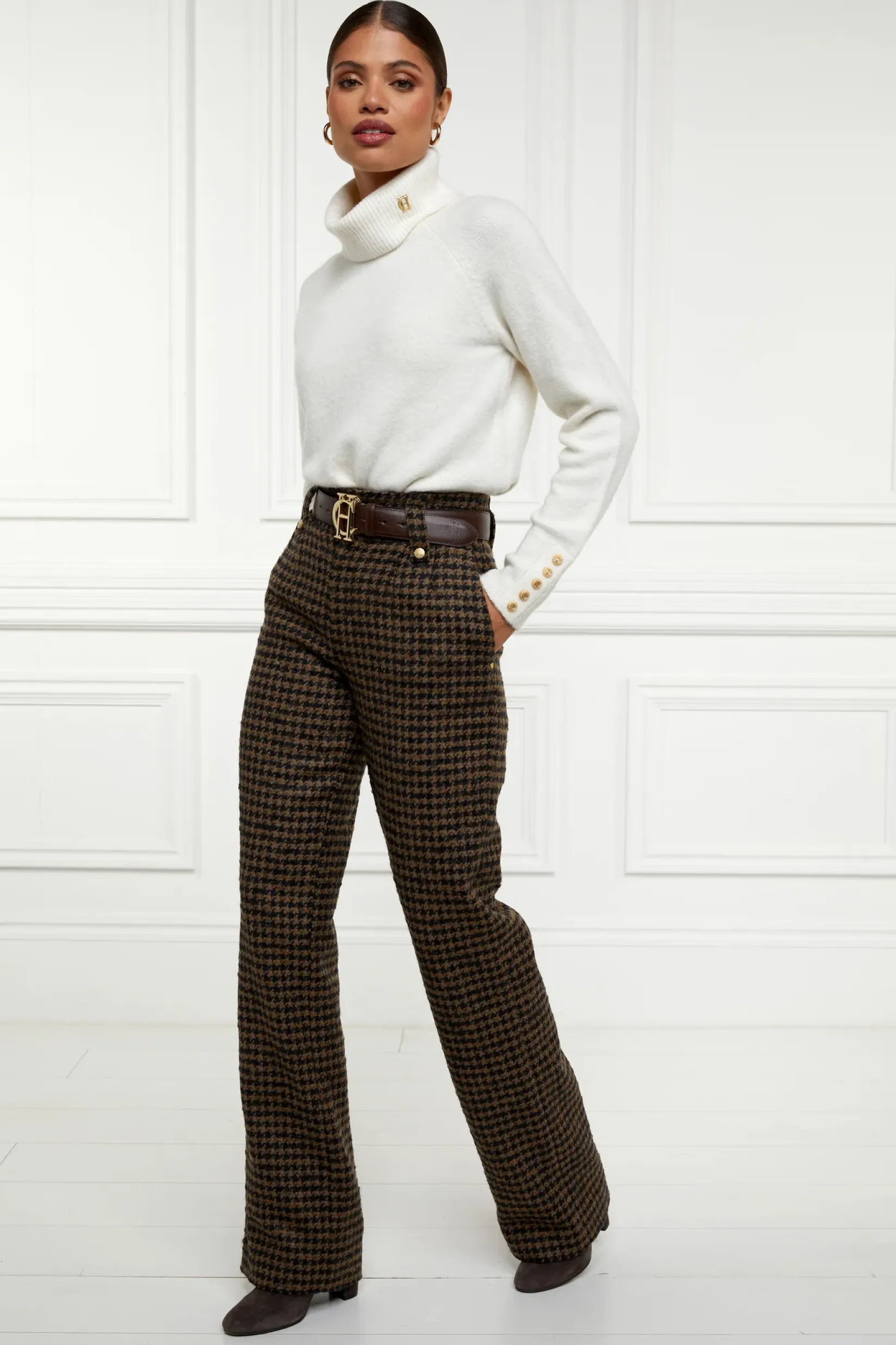 Holland Cooper Trousers|Shop By Product-High Waisted Straight Trouser Chocolate Houndstooth