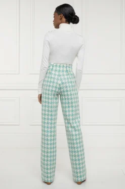 Holland Cooper Trousers|Workwear Wardrobe-High Waisted Straight Trouser Large Scale Teal Houndstooth