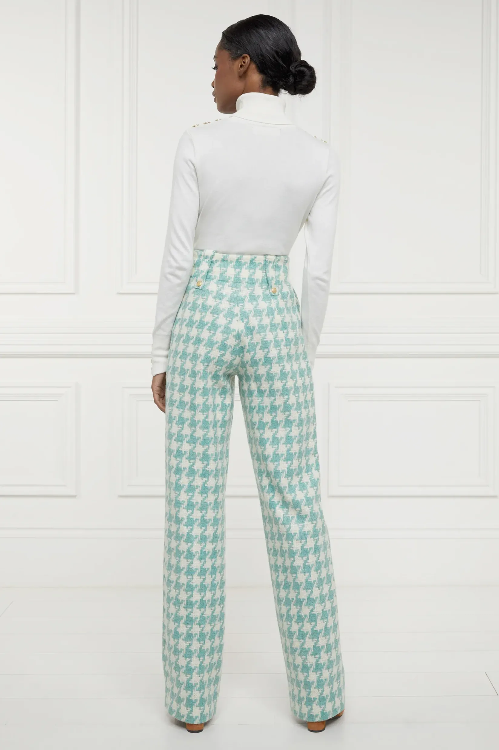Holland Cooper Trousers|Workwear Wardrobe-High Waisted Straight Trouser Large Scale Teal Houndstooth