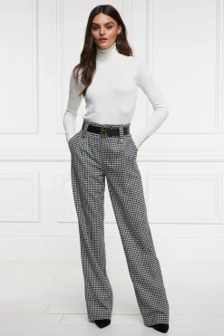 Holland Cooper Trousers|In Stock Tailoring-High Waisted Straight Trouser Black & White Puppy Tooth