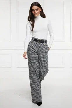Holland Cooper Trousers|In Stock Tailoring-High Waisted Straight Trouser Black & White Puppy Tooth